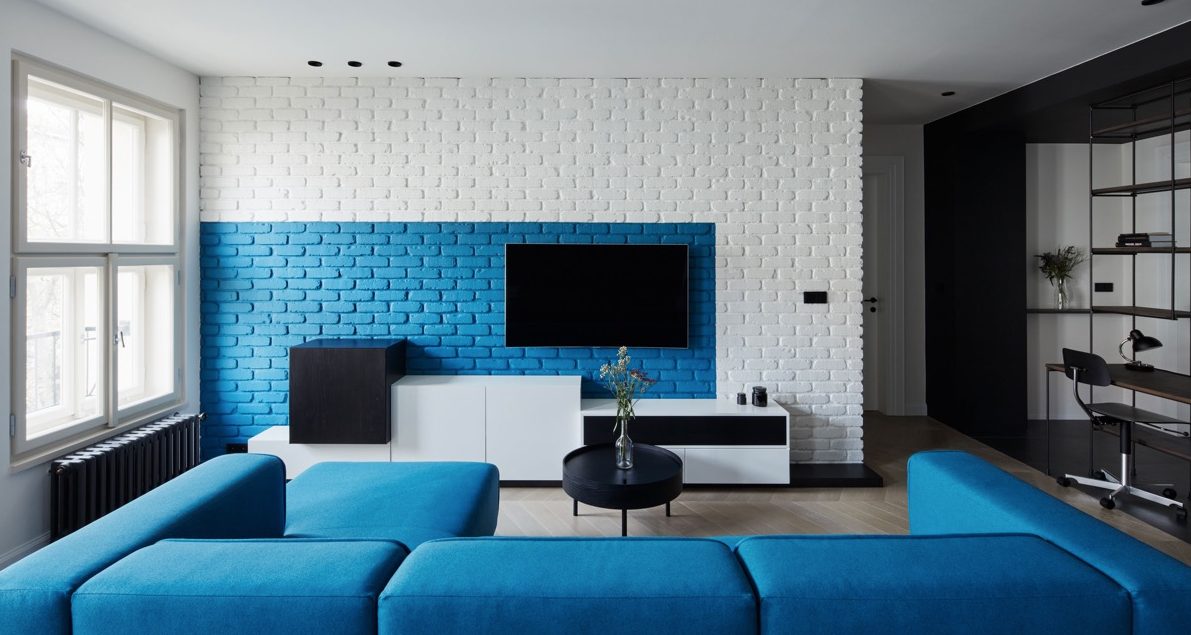 thiết kế phòng khách màu xanh dương